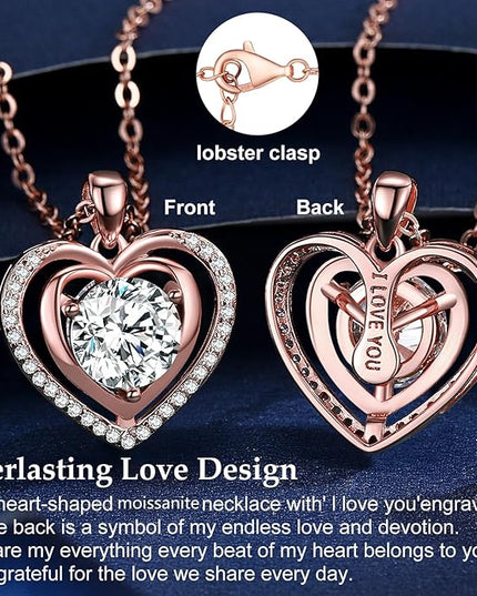 Heart Pendant Gold Necklace for Women Moissanite Lab-Created Gem I Love You Wedding Anniversary Birthday Christmas Valentine Engagements Mothers Day Jewelry for Wife Her Girlfriend Mom Daughter