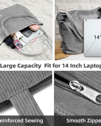 KALIDI Women Corduroy Tote Bag Zipper Casual Tote's Handbag Big Capacity Shoulder Bag with Pockets