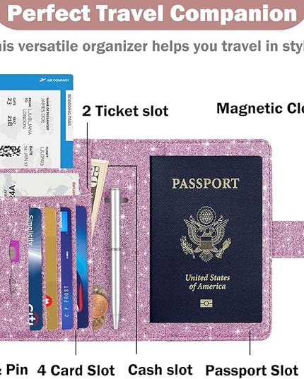HOTCOOL Passport Holder Travel Essentials Airplane & Cruise Essentials Ship Leather Wallet Cover Case RFID Blocking Women & Men Vacation Travel Accessories Gifts Deals, Glitter - Purple