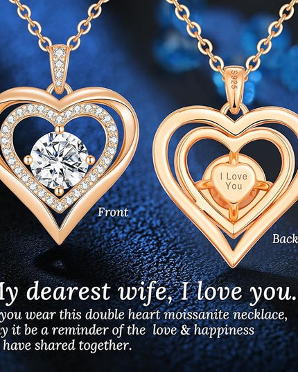 ANDSO Moissanite Heart Pendant Necklaces for Women, 925 Sterling Silver Necklace Engraved with 'I LOVE YOU', Ideal Anniversary Birthday Christmas Jewelry Gifts for Mom Wife Girlfriend Daughter Her