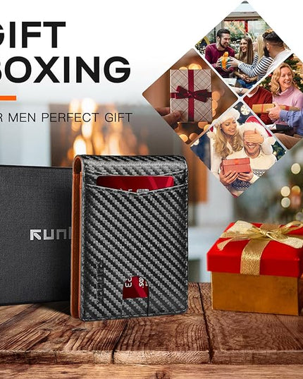 RUNBOX Wallet for Men Slim Leather Bifold RFID Blocking Minimalist Front Pocket Design with Gift Box