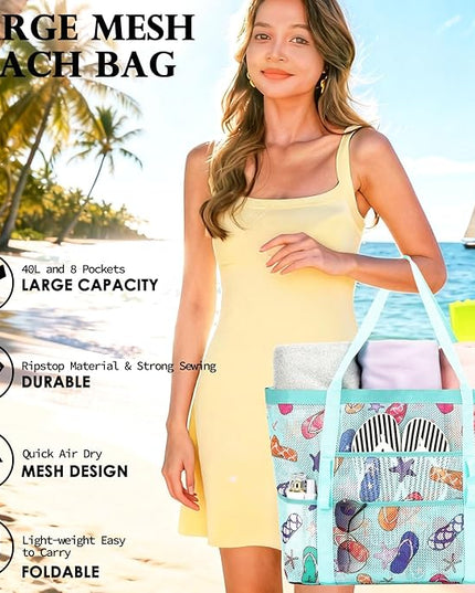 Mesh Beach Bag, Large Beach Tote with Zipper Pocket, Toys Pool Bag for Family Travel Vacation Cruise Essentials