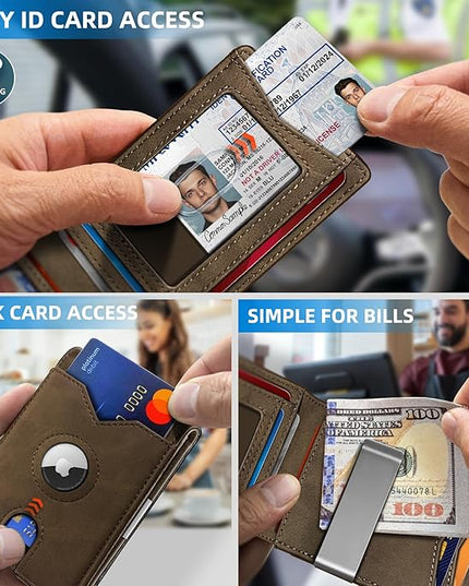 miyozi Airtag Wallet for Men,with Money Clip 11 Cards Slim Front Pocket Leather RFID Blocking Wallet with Gift Box