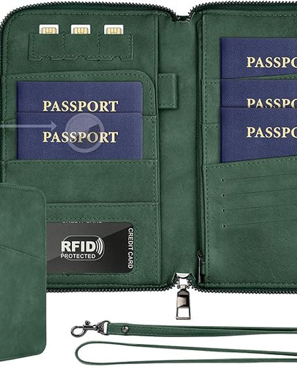 Family Passport Holder Wallet RFID Travel Document Organizer for Women Men, Portable Case Cover for Cards, Boarding Pass with Wrist & Neck Double Strap, Travel Christmas Gifts (Charcoal Green, 1pack)