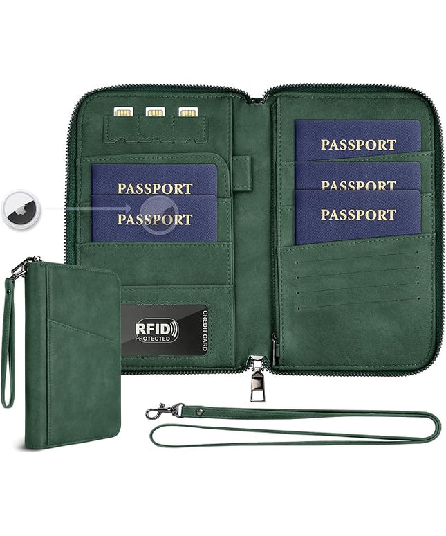 Family Passport Holder Wallet RFID Travel Document Organizer for Women Men, Portable Case Cover for Cards, Boarding Pass with Wrist & Neck Double Strap, Travel Christmas Gifts (Charcoal Green, 1pack)