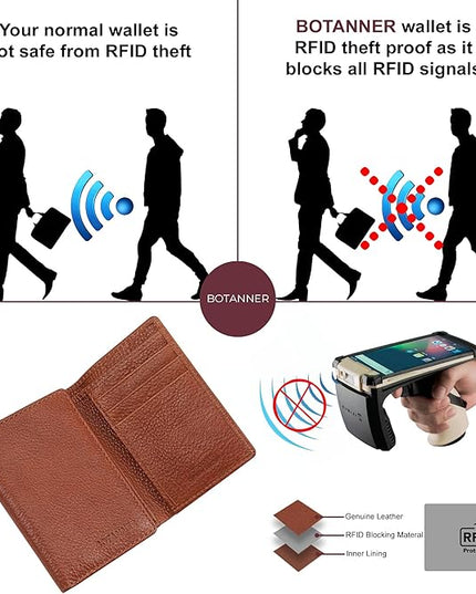 BOTANNER Genuine Leather Mens Trifold Wallet RFID Blocking with 6 Credit Card Slots 1 ID Window Section for Bills 2 Hidden Pockets | Tan