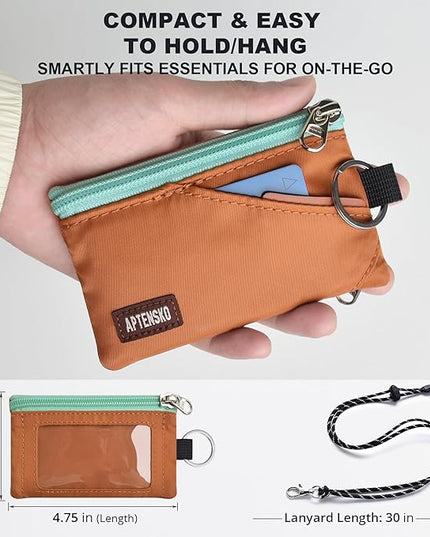 RFID Travel Wallet with Adjustable Lanyard-Zipper Small Wallet with ID Card Holder, Keychain for women&men-Minimalist Slim Waterproof Nylon case for ID, Cash, Key (Rust)