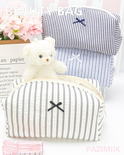 PAZIMIIK 2PCS Cozy Makeup Bag Small Aesthetic Travel Zipper Cosmetic Pouch for Women Make Up Beauty Accessories Brushes, Stripe Black