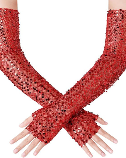 BABEYOND Opera Gloves for Women - Long Fingerless Sequin Sparkling Glitter Gloves Tea Party Stretchy Adult Size Elbow Length