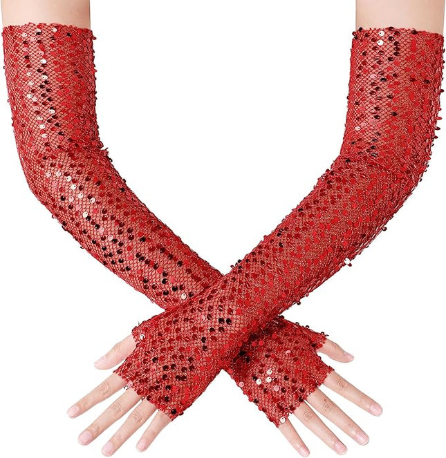 BABEYOND Opera Gloves for Women - Long Fingerless Sequin Sparkling Glitter Gloves Tea Party Stretchy Adult Size Elbow Length