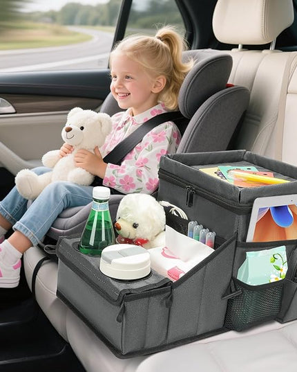 Car Seat Organizer, Backseat Car Organizer with Cup Holder Tray and Storages for Kids and Adults, Portable Travel Cooler for Car for Front or Back Seat Passenger Organizer Ccompartment (Grey)