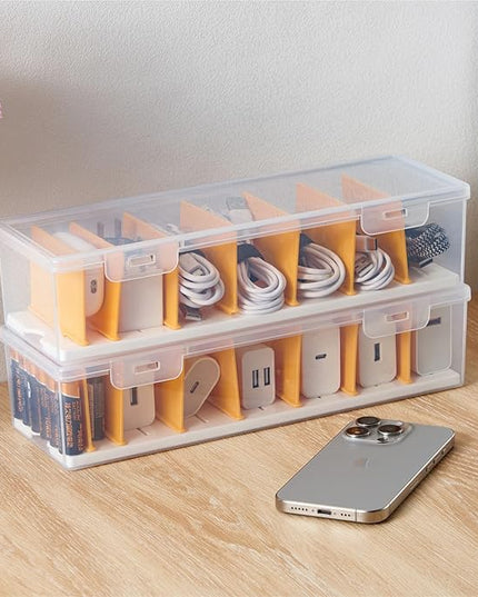 2 Pack Cable Organizer Storage Box with 16 Cable Ties, Clear Phone Charger Organizer Case Wire Organizers for Cords Electronic Storage Box for Drawer Desk Office Home