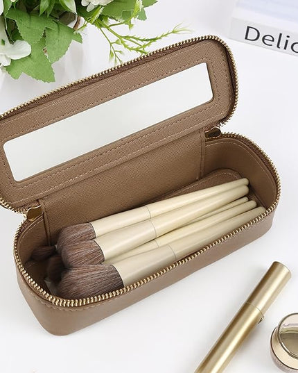 Aveniee Clear Makeup Brush Bag, Slim Cosmetic Brush Holder, Small Travel Toiletry Bag for Women, Thin Make up Bags with Dual Zipper, Mini Travel Essentials Organizer - Taupe
