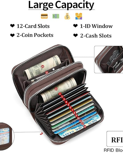RNIEGA Credit Card Holder Wallet RFID Blocking Leather Small Wallet for Women Double Zipper Wallet with ID Window