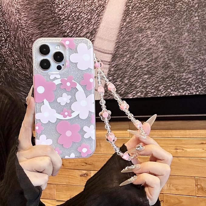 Compatible with iPhone 13 Pro Cases Cute Bling Sparkly Floral Phone case,Flower with Wrist Strap Design, Compatible MagSafe Silicone Shockproof Phone case for Women and Teenage Girls.