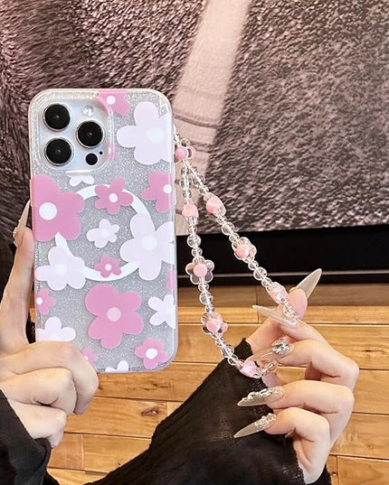 Compatible with iPhone 12 Pro Cases Cute Bling Sparkly Floral Phone case,Flower with Wrist Strap Design, Compatible MagSafe Silicone Shockproof Phone case for Women and Teenage Girls.