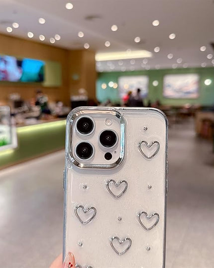 for iPhone 16 Pro Case, [Premium 3D Silver Love Heart Pattern] [Transparent Creative Case] [2-in-1 Beaded Wrist Strap] Soft TPU Shockproof for Women and Girl
