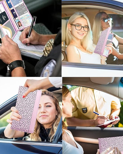 Car Registration and Insurance Holder with Magnetic Closure, Universal Document Organizer for License, Insurance Cards & Glove Box Storage (Leopard-Pink)