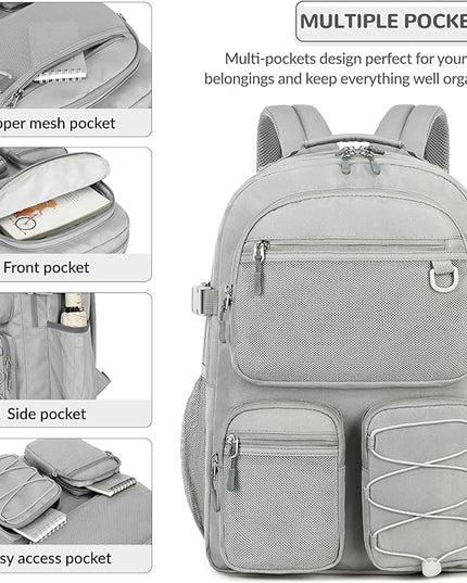 Lohol Water Resistant Daypack with Mulitiple Pockets for School Travel Outdoor College, 15.6 inch Laptop Backpack for Men and Women (Grey)