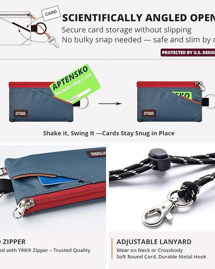 RFID Travel Wallet with Adjustable Lanyard-Zipper Small Wallet with ID Card Holder, Keychain for women&men-Minimalist Slim Waterproof Nylon case for ID, Cash, Key (Slate Blue)