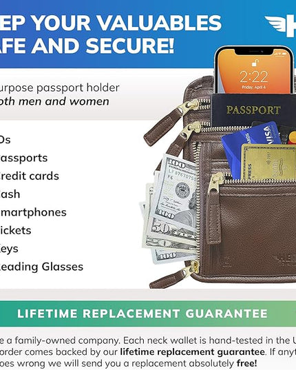 HERO Neck Wallet, RFID Blocking Passport Holder, Vegan Leather Travel Pouch (Brown)