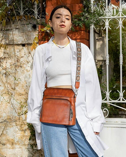 Iswee Leather Crossbody Bags for Women Multi Pockets Medium Shoulder Bag Lightweight Functional Travel Purse
