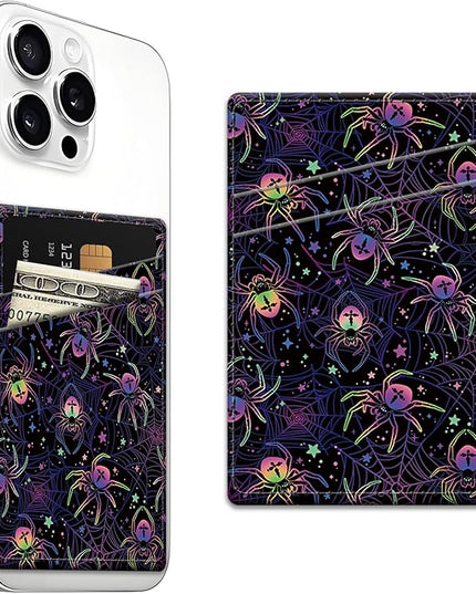 Phone Card Holder, Dual Pocket Leather Wallet Adhesive Stick On, Cute Credit Card Holder for Smartphones Case Compatible with Most Phone（Colored spider）