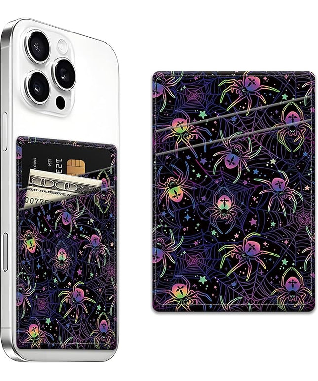 Phone Card Holder, Dual Pocket Leather Wallet Adhesive Stick On, Cute Credit Card Holder for Smartphones Case Compatible with Most Phone（Colored spider）