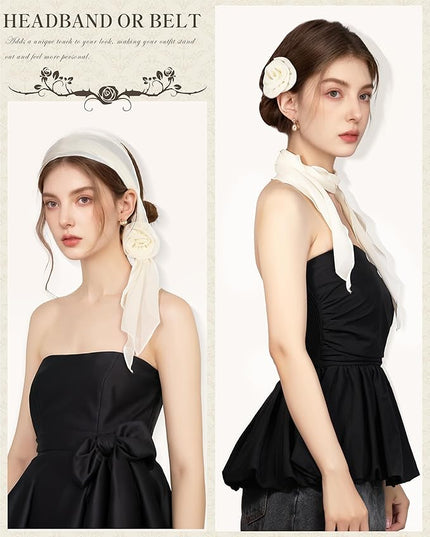 Chiffon Scarf for Women, Removable Flower Neck Scarf Light Soft Fashion Rose Scarves Versatile Headband or Hair Band