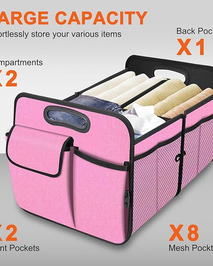 Trunk Organizer, Collapsible Trunk Organizers and Storage, Car Accessories for Women and Men, Multi-Compartment Trunk Storage Organizer for SUV, Car, Mini-Van, Pink