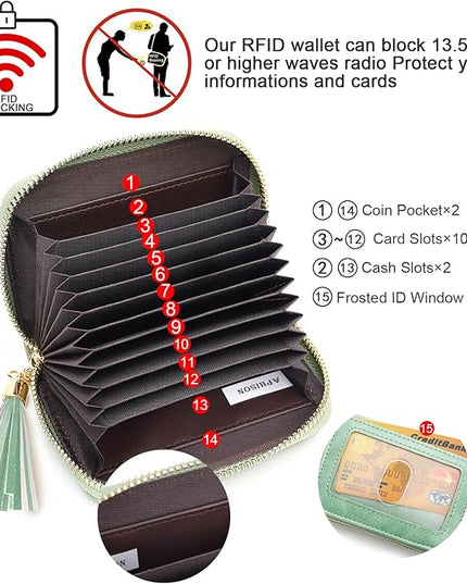 APHISON RFID Credit Card Holder Zipper Card Case Small Wallets for Women Leather Sunflower Style Ladies Girls Credit Card Case 1-Zip Peppermint Mambo Green