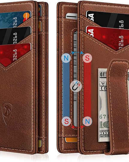 ZALVEX Wallet for Men Slim Leather Wallets for 12-15 Cards, Minimalist Thin RFID Blocking Card Holder with Money Clip & ID Window, Small Bifold Front Pocket Wallet, Gifts for Men
