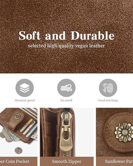 Blucoay Womens Wallet,RFID Blocking Wallet Women Soft Leather Bifold Wallets For Women Card Holder With Removable ID Window redbrown