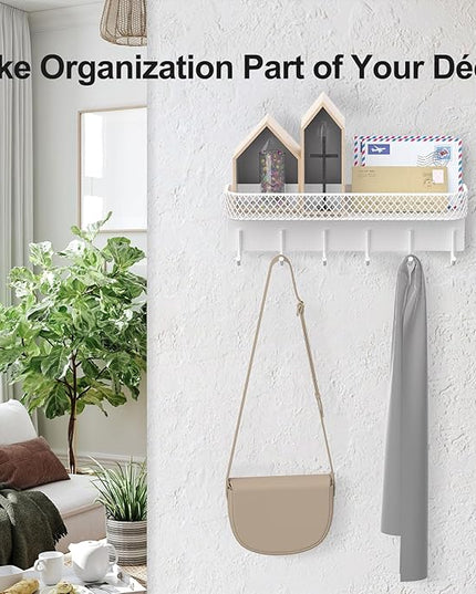 Lwenki Key Holder for Wall – Decorative Stainless Steel Key Hanger with 6 Hooks for Hats, Bags, Leashes – Mail Holder Key Rack with Mounting Hardware and Guide (9.65” x 2.8” x 2.2”) (White)