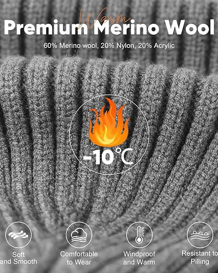 Merino Wool Beanie Hat for Men Women - Thermal Knitted Winter Hat for Large Heads Hiking Running Cap Wrap for Cold Weather