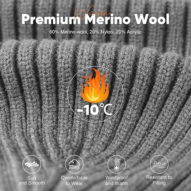 Merino Wool Beanie Hat for Men Women - Thermal Knitted Winter Hat for Large Heads Hiking Running Cap Wrap for Cold Weather