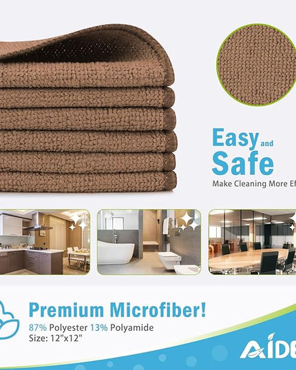 AIDEA Microfiber Cleaning Cloth-12PK, Soft Microfiber Towels for Cars, Absorbent Cleaning Rags, Lint-Free Streak-Free Wash Cloths for House, Kitchen, Window(12in.x12in), Brown