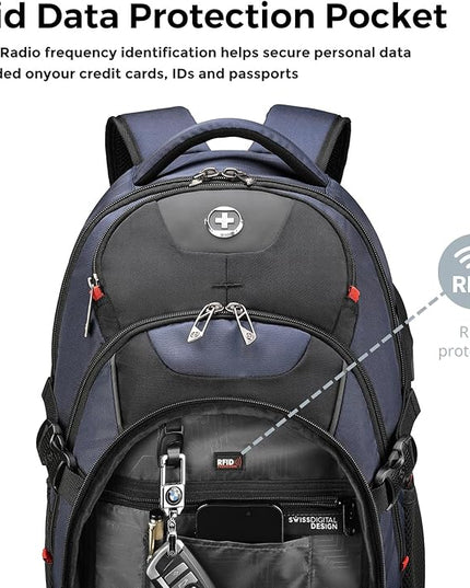 Swissdigital Design Laptop Backpack with USB Charging Port, Travel Backpack Fits 15.6 inches Computer, 31L College School Backpack for Men, Blue/Black | SD803-12 | Water Repellent