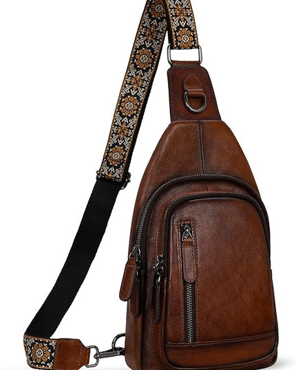 HESHE Leather Sling Bag for Women Crossbody Bags with Multi-Pocket Stylish Fanny Packs for Travel Chest Bag