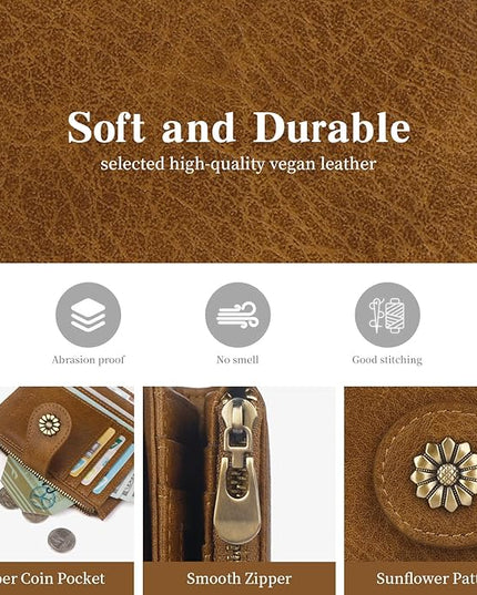 Blucoay Womens Wallet,RFID Blocking Wallet Women,Soft Leather Bifold Small Wallets For Woman Card Holder With Removable ID Window brown