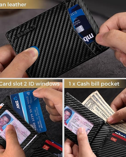 RUNBOX Wallet for Men Bifold RFID Blocking Wallets with 2 ID Window 14 Card Holders 1 cash pocket 1 Gift Box