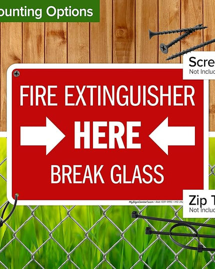 Fire Extinguisher Here Break Glass Sign, 10x7 Inches, 55 mil thick HDPS (high density polystyrene), Made in USA by My Sign Center