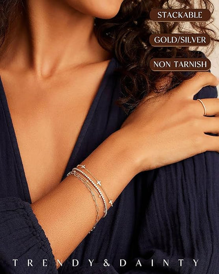 FUNEIA Dainty Silver Gold Bracelets for Women Trendy Non Tarnish 14K Gold Plated Waterproof Diamond Bracelets Cute Stackable Heart Butterfly Clover Cross Evil Eye Charm Bracelet Stack Jewelry Gifts
