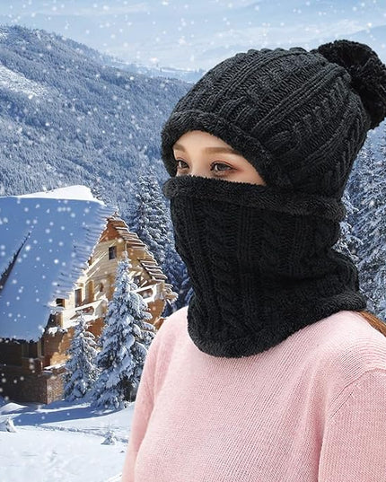 HUAMULAN Women Winter Beanie Hats One Piece Fleece Lined Knit Balaclavas Mask Set Skull Neck Circle Scarf Ski Snow Hat Pompom