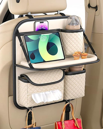 Leather Car Backseat Organizer with Foldable Table Tray - Cup/Tissue/Tablet Holder, Car Seat Back Storage Organizer, Road Trip Essentials for Adults & Kids (white)