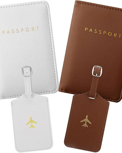 Weewooday 2 Set Mr and Mrs Passport Covers Holder and Luggage Tags Cute Leather Wallets Holder Travel Luggage Tags for Women Men Gift(White, Brown)