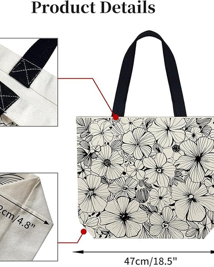Large Tote Bag for Women, Floral Grocery Tote with Snap Thick Canvas Both Side Pattern, Gift Daily Use Shopping Travel Picnic