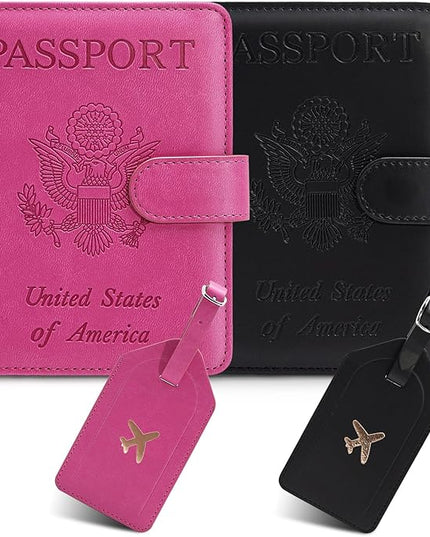 2 Pack Passport Holder For Travel with Luggage Tag Cover – RFID Blocking Passport Wallet Holder for Travel Women/Men | PU Leather Passport Case with Money Pocket, Black/Pink