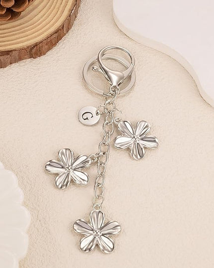 XGALBLA Gold/Silver Initial Keychain Flower Charms for Key Cute Letter Keyring for Purse Handbag Backpack