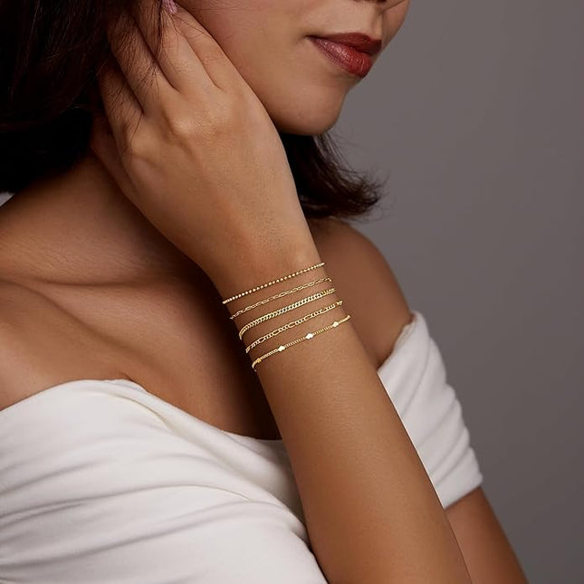Gold Bracelets Set for Women Stack, Dainty Thick Bracelets Stack for Women Trendy, Simple Thin Gold Plated Cuff Stackable Bracelets With Beaded Cuban Paperclip Snake Rope Bangle Hand Chain Jewelry Gifts for Women Non Tainish